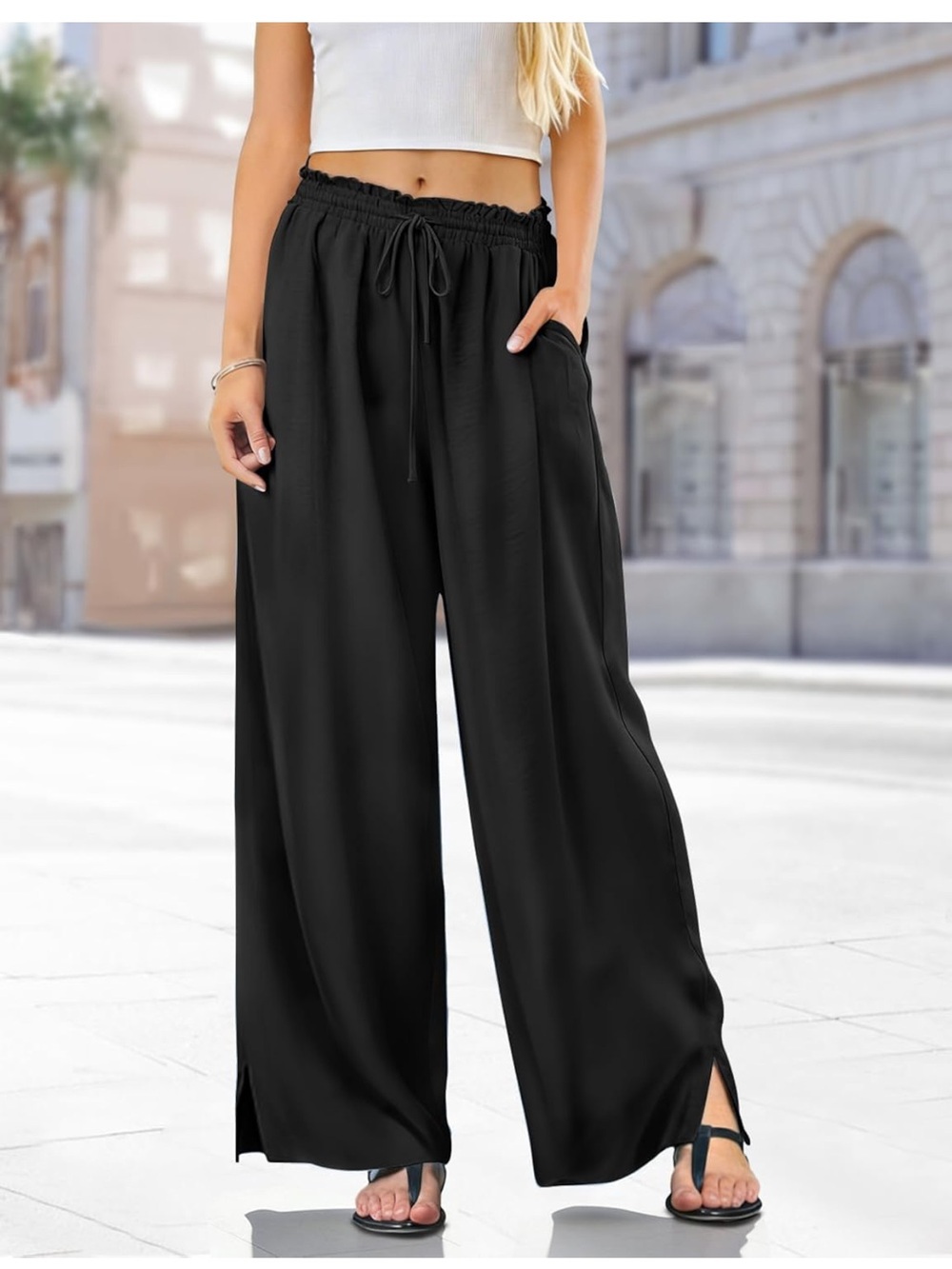 Yesno Black Wide-Leg Drawstring Pants with Side Slits size XXL